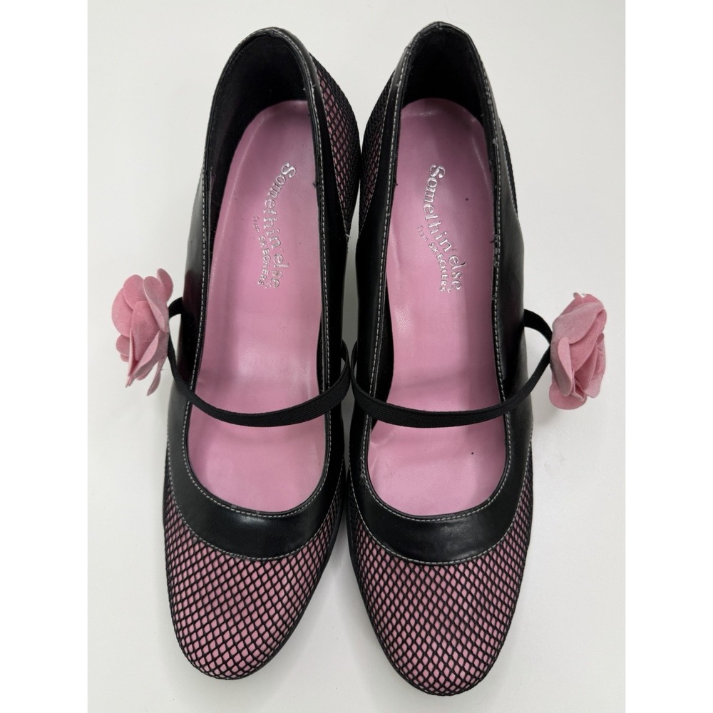 Vtg Skechers Somethin' Else Kitten Heels Pink Black Mesh Pin-up Rosette Sz 8.5
